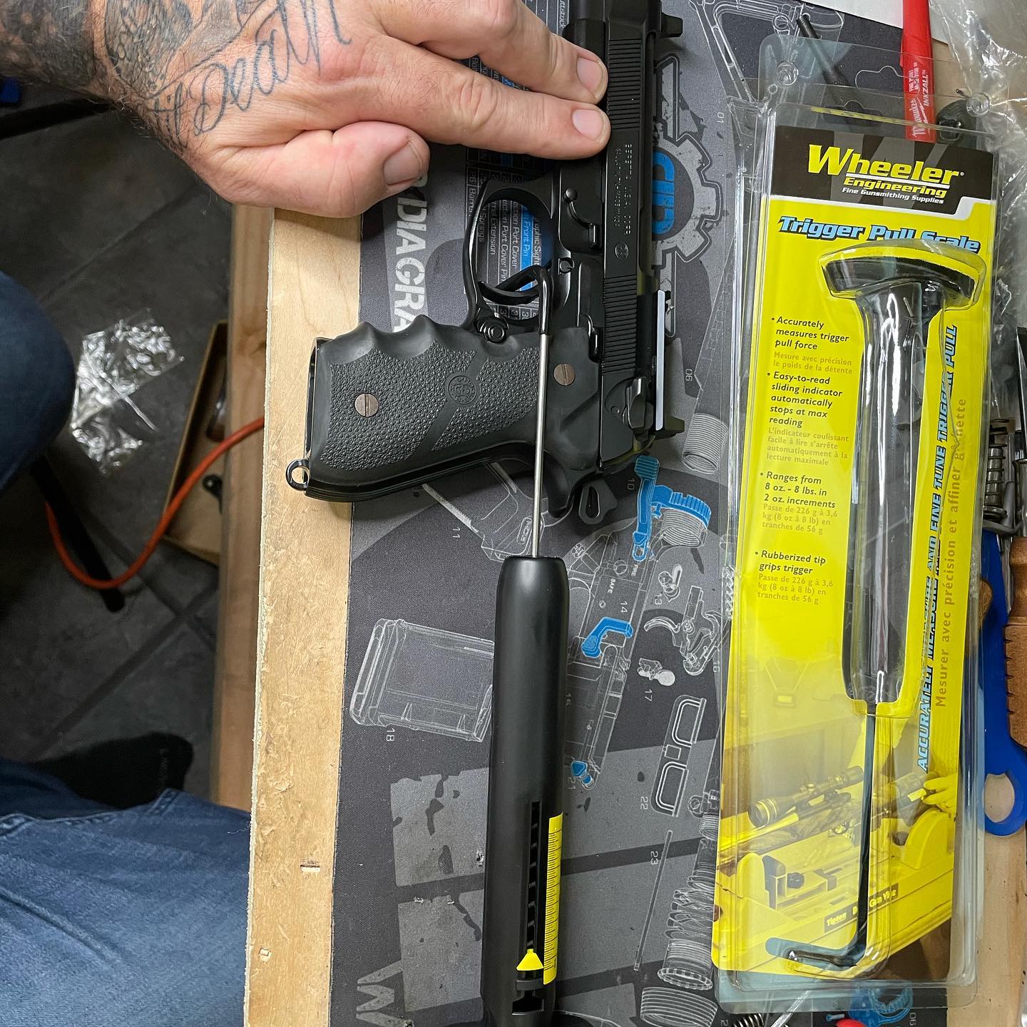 Beretta 92FS- Optics cut on the slide, short throw trigger/Wilson combat trigger bar and adjustable main spring gives us just shy of a 7#.